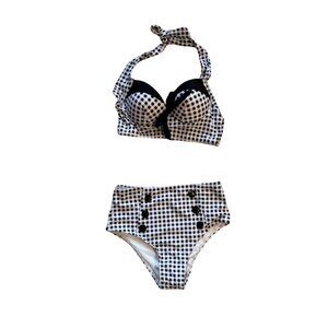 Vintage-Inspired Gingham Halter High-Waisted Bikini Set S Retro 50s Pin-Up Style